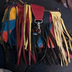 Vibrant Patchwork Leather Fringe Crossbody Bag - Boho Chic!